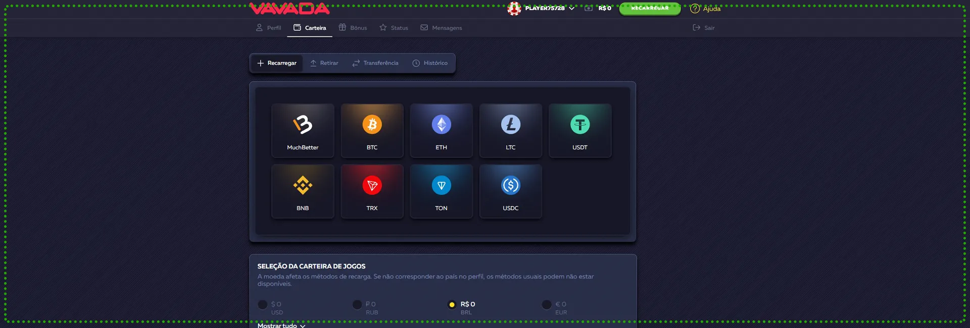 É possível jogar em BRL no Vavada Casino